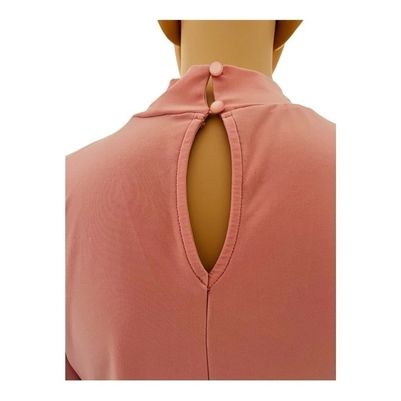 AUW pastel pink top S short ruched sleeves turtleneck faux pearl detail buttons - Picture 7 of 12